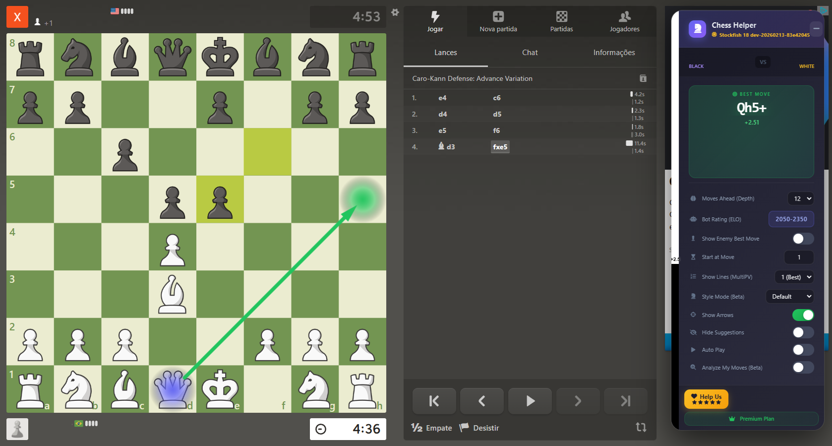 Stockfish Helper Chess showing the best-move arrow and evaluation on a Chess.com board